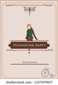Vintage frame menu, steampunk anime girls on background paper canvas