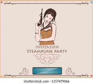 Vintage frame menu, steampunk anime girls on background paper canvas