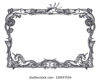 Vintage frame with mermaids and sea horses