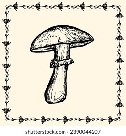 Vintage frame, mushroom in floral border. Design card of forest nature. Handmade delicate postcard.