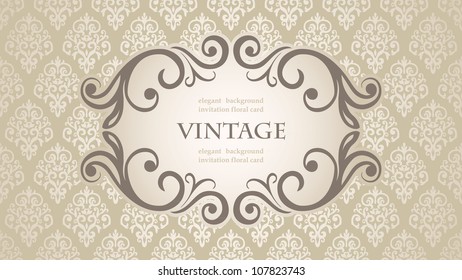 Vintage frame on Floral Damask wallpaper