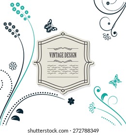 Vintage frame on floral stylish background. Bright blue colors.