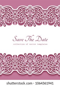 Vintage frame with ornamental lace border, cutout paper pattern, elegant vector decoration for wedding invitation design, template for laser cutting, eps10