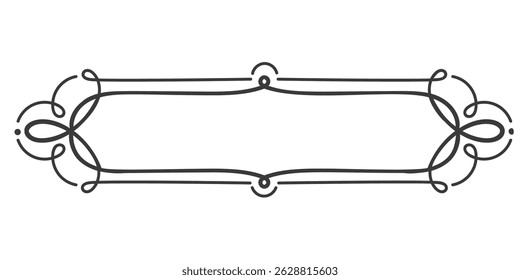 Vintage frame with ornate, swirling lines and symmetrical flourishes. Decorative border for invitations, cards, templates, or certificates. Vector illustration with classic, ornamental design.