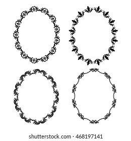 Vintage frame oval ornament decoration icon set. Isolated and black illustration