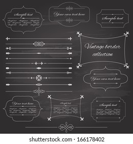 Vintage frame and page decoration set on chalkboard retro background. Calligraphic design elements.
