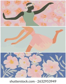 Quadro vintage, pintado com acrílico e guache, rosa, design delicado, feminino, retro floral, pintado à mão, copyspace para flyer web cartão, conjunto, banner, dança de fundo, liberdade, celebração