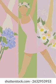 Quadro vintage, pintado com acrílico e guache, rosa, design delicado, feminino, retro floral, pintado à mão, copyspace para flyer web cartão, conjunto, banner, dança de fundo, liberdade, celebração