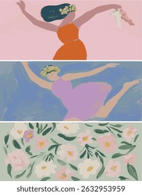 Quadro vintage, pintado com acrílico e guache, rosa, design delicado, feminino, retro floral, pintado à mão, copyspace para flyer web cartão, conjunto, banner, dança de fundo, liberdade, celebração