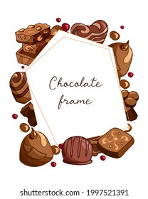 Vintage frame with pieces of milk chocolate with nuts and chocolates, candy illustration. World Chocolate Day. Vector background design. Template for the cards, invitations, packaging, menu.