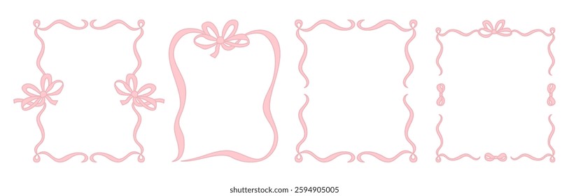Vintage Frame with Pink Bows and Ribbons Set. Romantic Coquette Girly Vibe. Vector illustration. Isolated Trendy aesthetic Border vertical Template for wedding, birthday, card, party invitations