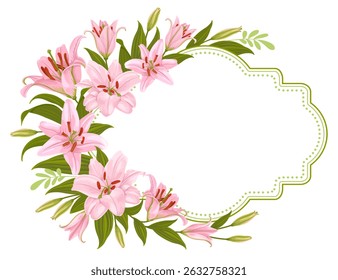 Vintage frame with pink lily flowers and copy space for text. Cute floral decoration with daylily, leaves and buds isolated on white. Can use for greeting card, label, print. Vector illustration