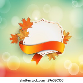 Vintage frame with place for text and ribbon with autumn leaves on a beautiful natural background Abstract vector illustration .