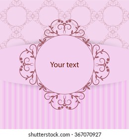 Vintage frame with place for your text on pink background with pattern and stripes.