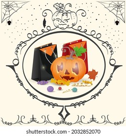 Vintage frame, Pumpkin with bags, Halloween holiday design flat illustration