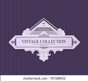 Vintage frame in purple color and vector format. Retro label with many ornamental lines, shadow and simple text.