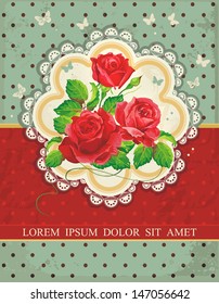 Vintage Frame with red rose for scrapbooks and albums. Beautiful floral background. Decor illustration