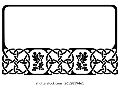 Vintage frame in a retro style. Ancient Scandinavian Celtic wicker pattern and oak branches with leaves and acorns, isolated on white, vector illustration