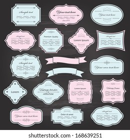 Vintage frame and ribbon set, drawn by colored chalk on chalkboard retro background. Calligraphic design elements.