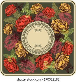 Vintage frame with roses and butterflies, vector illustration.