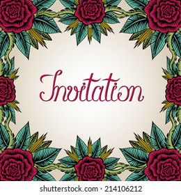 Vintage frame with roses. Decorative floral frame. Template for invitation. Elegant hand drawn text. Border pattern. Flower motif. Copy space. Vector file is EPS8. All elements are grouped.