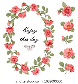Vintage frame of roses. Floral frame. Vintage flowers. Beautiful roses frame. Cute rose wreath isolated on white