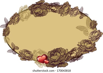 Vintage frame with roses and hearts, vector illustration.