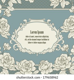 Vintage frame from  roses, on vintage background, with empty space for text message. Vector illustration