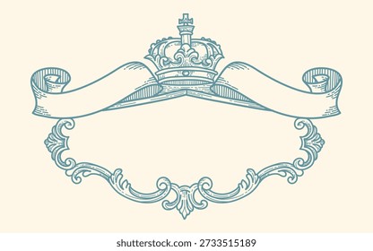  Vintage-Rahmen mit Rollen Bänder und Krone, Handgezeichnete Zierabzeichen und Ränder, Antike verzierte elegante dekorative Elemente für Ihr Design, Vektorgrafik