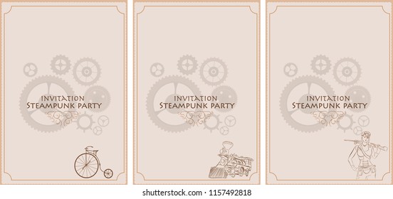 Vintage frame set. Background steampunk train, girl, clock, bike, cogs, gears. Invitation letter