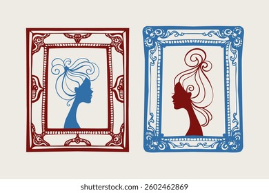 Vintage frame set with beautiful woman silhouettes. Hand drawn illustrations. Perfect for beauty salons, cosmetic branding, and fashion ads. Not AI generation