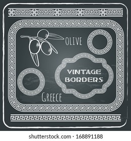 Vintage frame set on chalkboard retro background. Ethnic greece design elements with olive branch and text. Vector illustration.