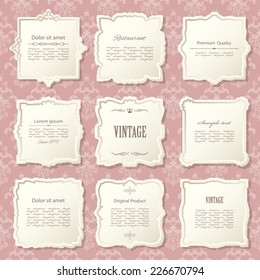 Vintage frame set on damask seamless background. Calligraphic design elements.