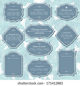 Vintage frame set on floral seamless background. Calligraphic design elements.