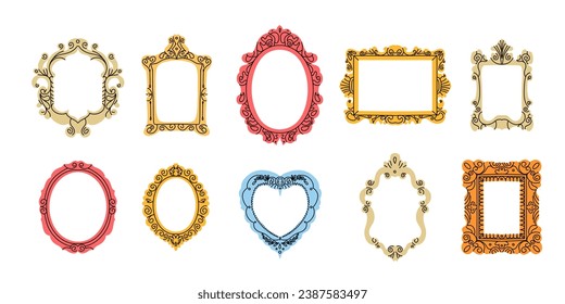 Vintage frame set. Picture border. Various decorative isolated elements different forms in doodle style. Elegant retro frameworks. Modern trendy mirror design. Art gallery objects. Vector illustration