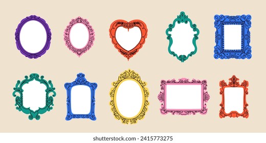 Vintage frame set. Picture border. Various decorative isolated elements different forms in doodle style. Elegant retro frameworks. Modern trendy mirror design. Art gallery objects. Vector illustration