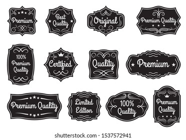 Vintage frame set. Retro label or banner border elements collection with Ptremium Quality, Original, Certified text. Vector illustration.