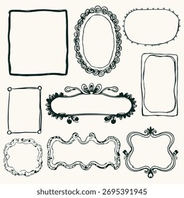 Vintage Frame Set in Sketch Hand Draw Style. Retro Frame Collection Design. Outline Frames for Holiday, Xmas, Trendy Design. Vector Illustration. Not AI