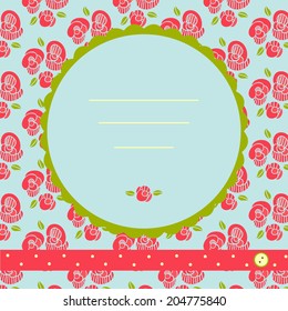 Vintage frame in shabby chic style on blue background with pink roses. 