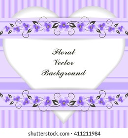 Vintage frame in shape of a heart with flower pattern on violet striped background.