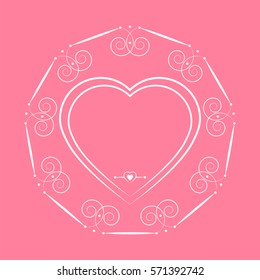 Vintage frame in the shape of a heart on a pink  background. Vector romantic greeting card. Design for Valentine's Day and Wedding.