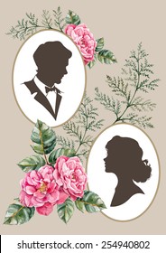 Vintage frame with silhouettes of couples and flowers hips. Vector illustration