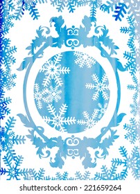 Vintage frame with snowflakes vector watercolor in blue