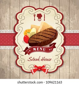 Vintage frame with Steak, bread, tomato set template