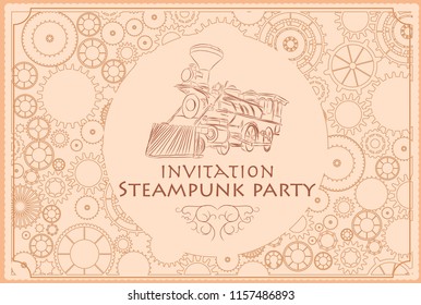 Vintage frame steampunk menu invitation, train, cogs, gears, banner