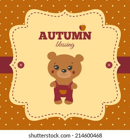 Vintage frame with  teddy bear, buttons and apple on a polka dot background. Illustration for baby shower invitation, cards, scrapbooking etc.