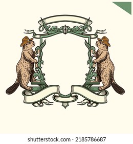 Vintage frame with two beaver with cowboy hat in betwen