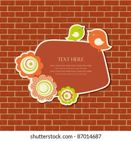 Vintage frame with two birds on the brick wall background