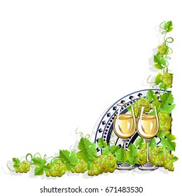 Vintage frame with wine and grapes. Vector illustration.