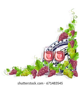 Vintage frame with wine and grapes. Vector illustration.